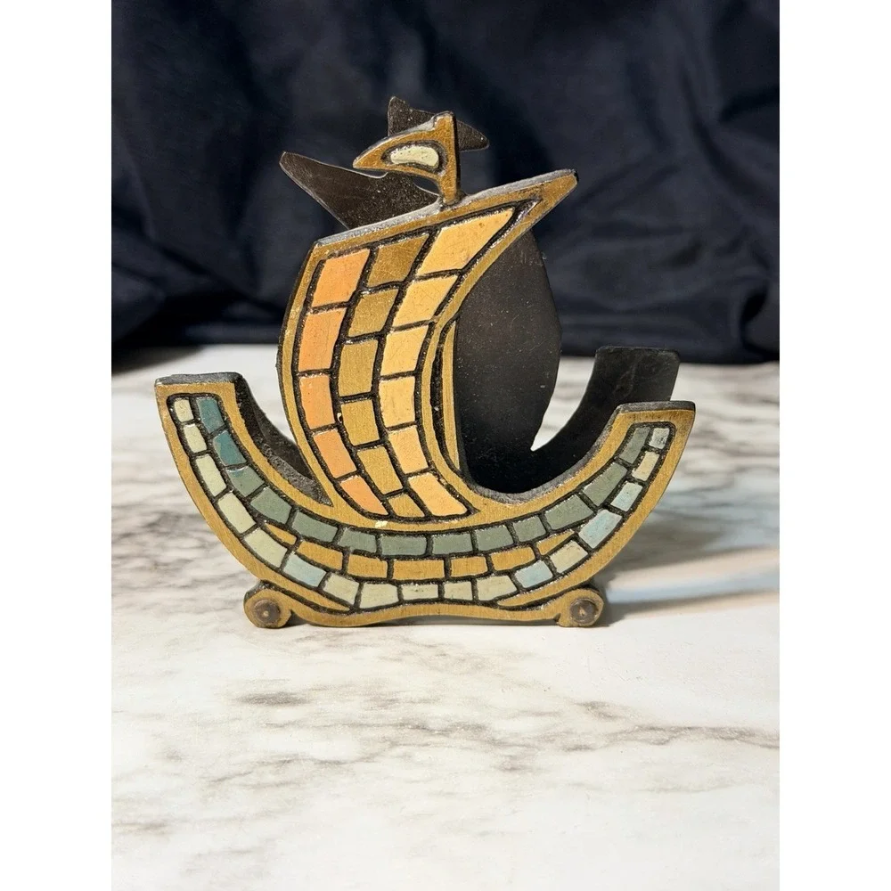 VTG Iron Mosaic Sailboat Letter/Envelope Holder‎ 3.25 x 3.25 (2924)